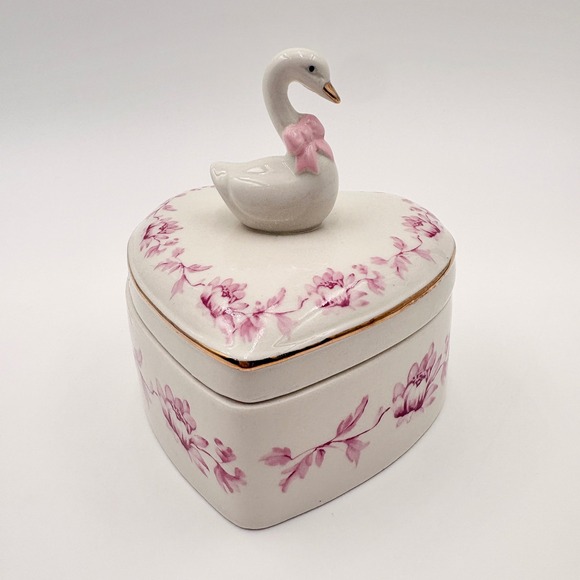 Other - Heart Shaped Ceramic Trinket Box Swan Figurine Pink Floral Gold Trim Cottagecore